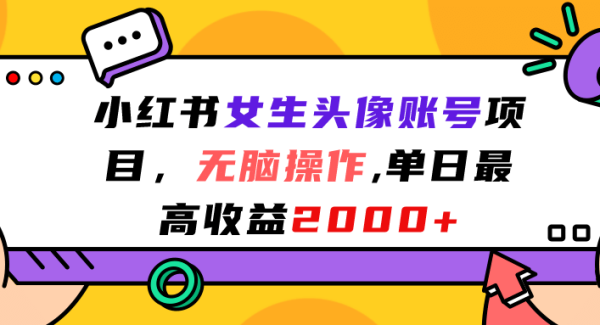 小红书女生头像账号项目，无脑操作，单日最高收益2000