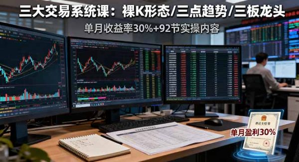 （16269期）三大交易系统课：裸K形态/三点趋势/三板体系，单月收益率30%+92节实操内容