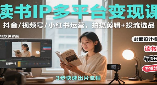 读书IP多平台变现课：抖音/视频号/小红书运营，拍摄剪辑+投流选品