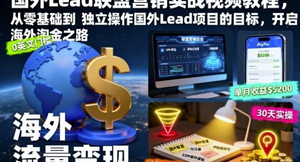 国外Lead联盟营销实战视频教程，从零基础到独立操作国外Lead项目的目标，开启海外淘金之路