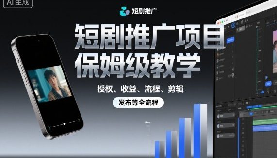 短剧推广项目保姆级教学,授权、收益、流程、剪辑,发布等全流程