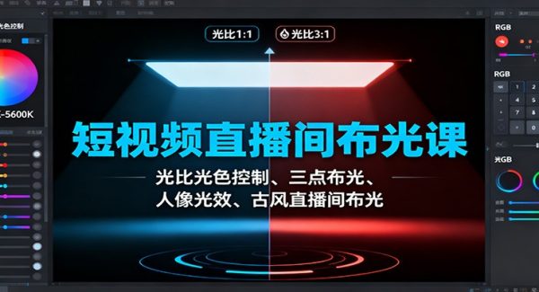 短视频直播间布光课：光比光色控制、三点布光、人像光效、古风直播间布光